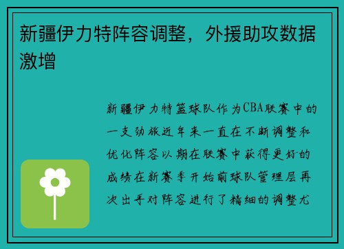 新疆伊力特阵容调整，外援助攻数据激增