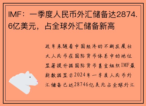 IMF：一季度人民币外汇储备达2874.6亿美元，占全球外汇储备新高