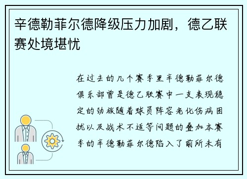 辛德勒菲尔德降级压力加剧，德乙联赛处境堪忧